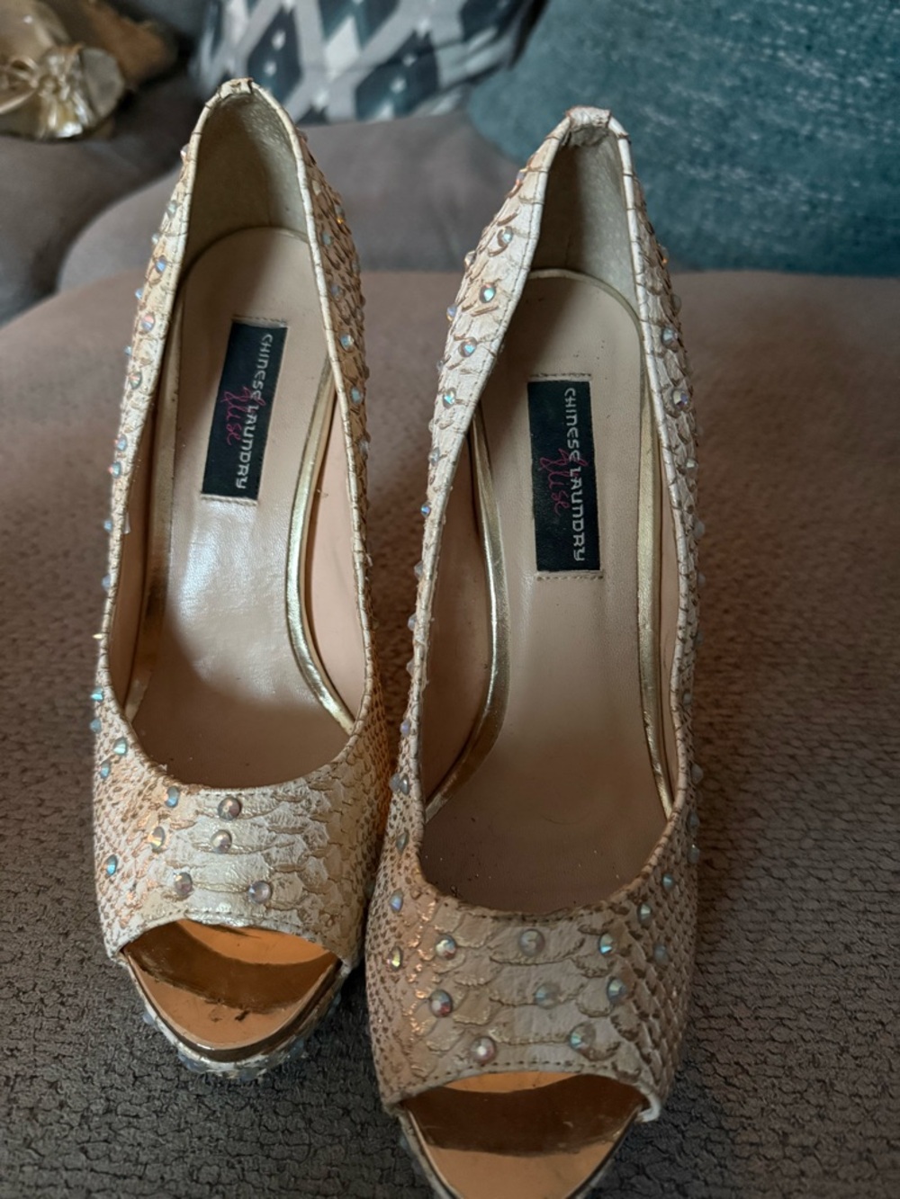 Chinese Laundry Champagne Rhinestone Peep-Toe Heels